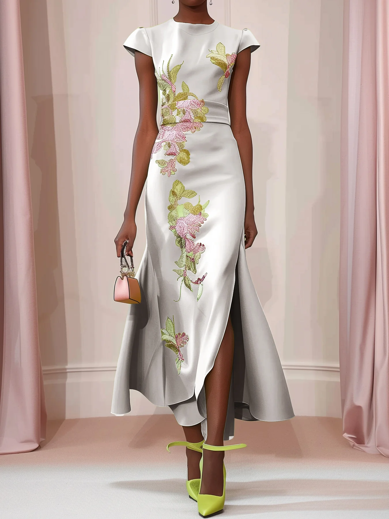 Silver Light Gray Floral Embroidered Cap Sleeve Slit A-Line Maxi Dress