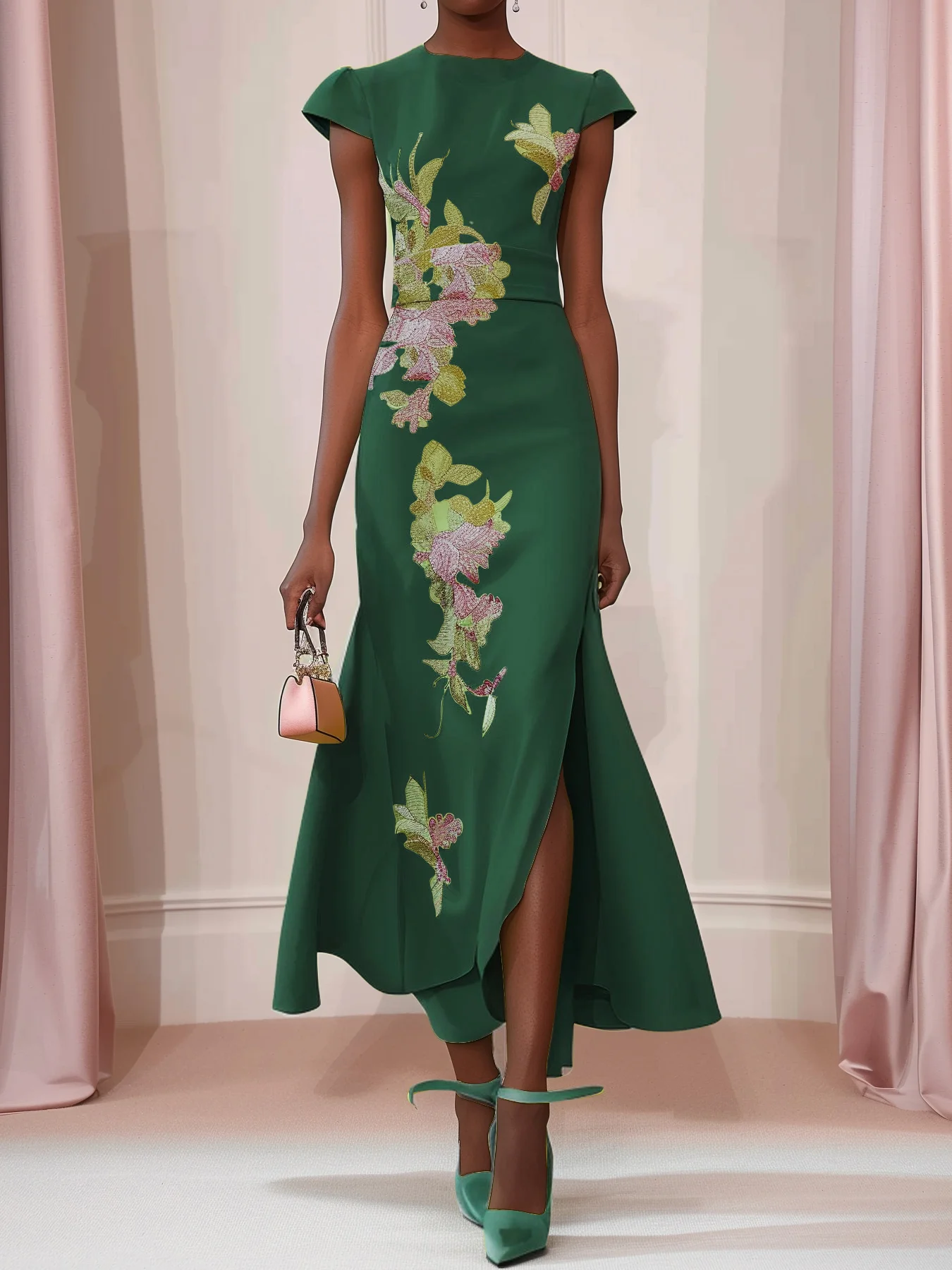 Dark Green Floral Embroidered Cap Sleeve Slit A-Line Maxi Dress