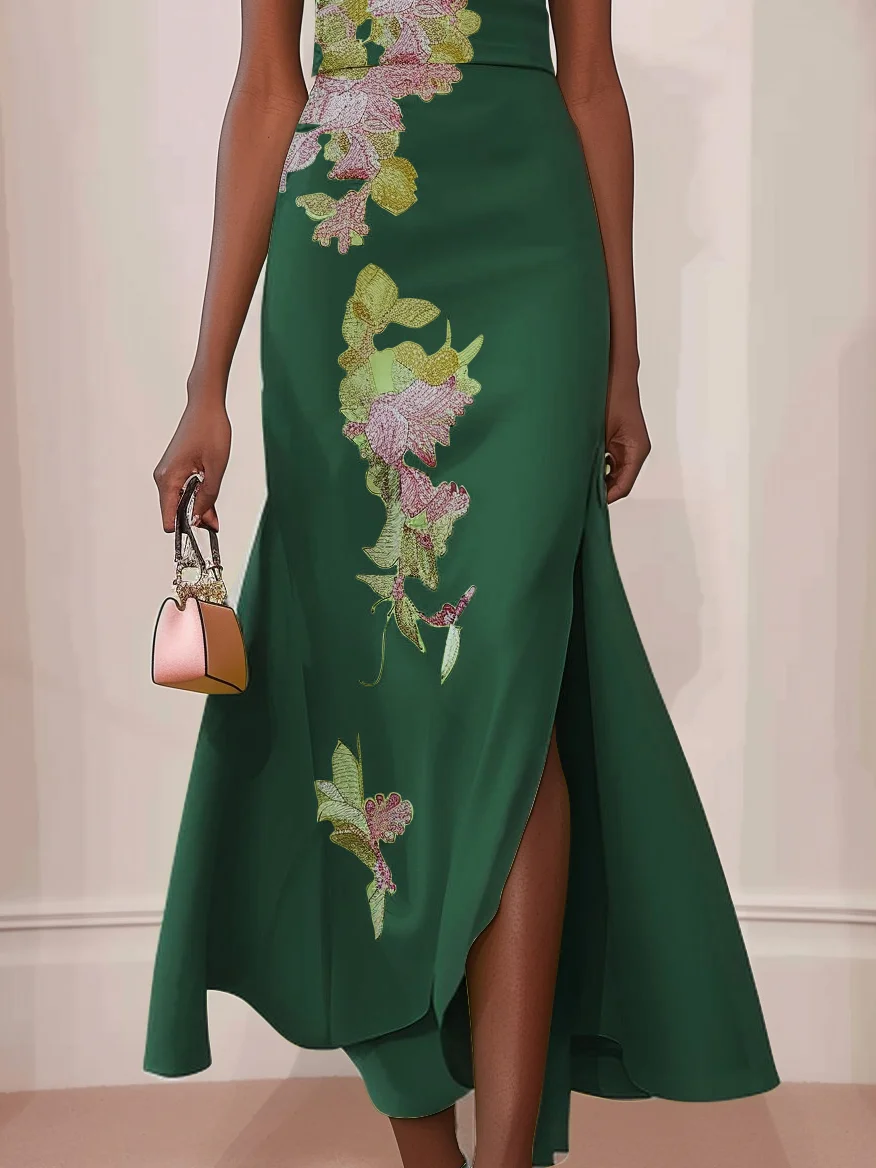 Dark Green Floral Embroidered Cap Sleeve Slit A-Line Maxi Dress