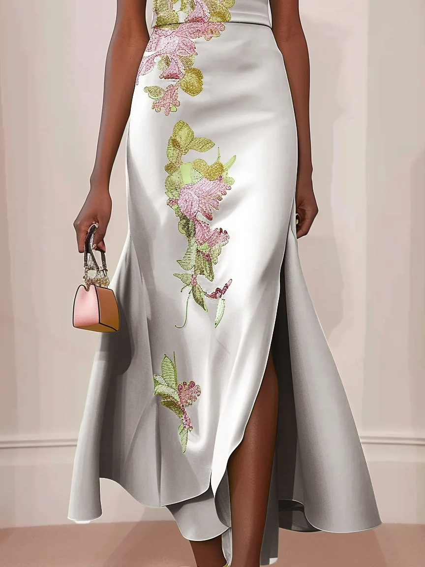 Silver Light Gray Floral Embroidered Cap Sleeve Slit A-Line Maxi Dress