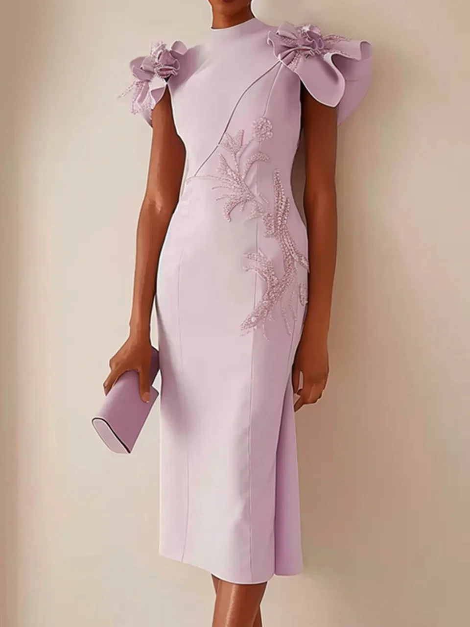 Lavender Purple High Neck Petal Sleeve Sequin Sheath Midi Dress