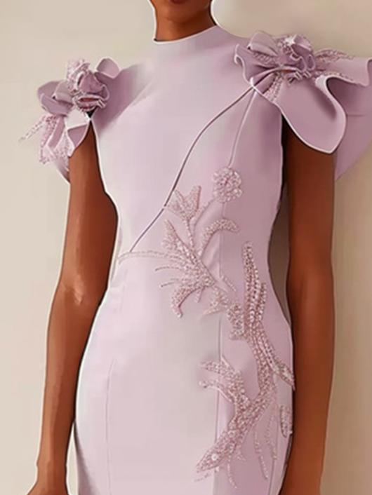 Lavender Purple High Neck Petal Sleeve Sequin Sheath Midi Dress