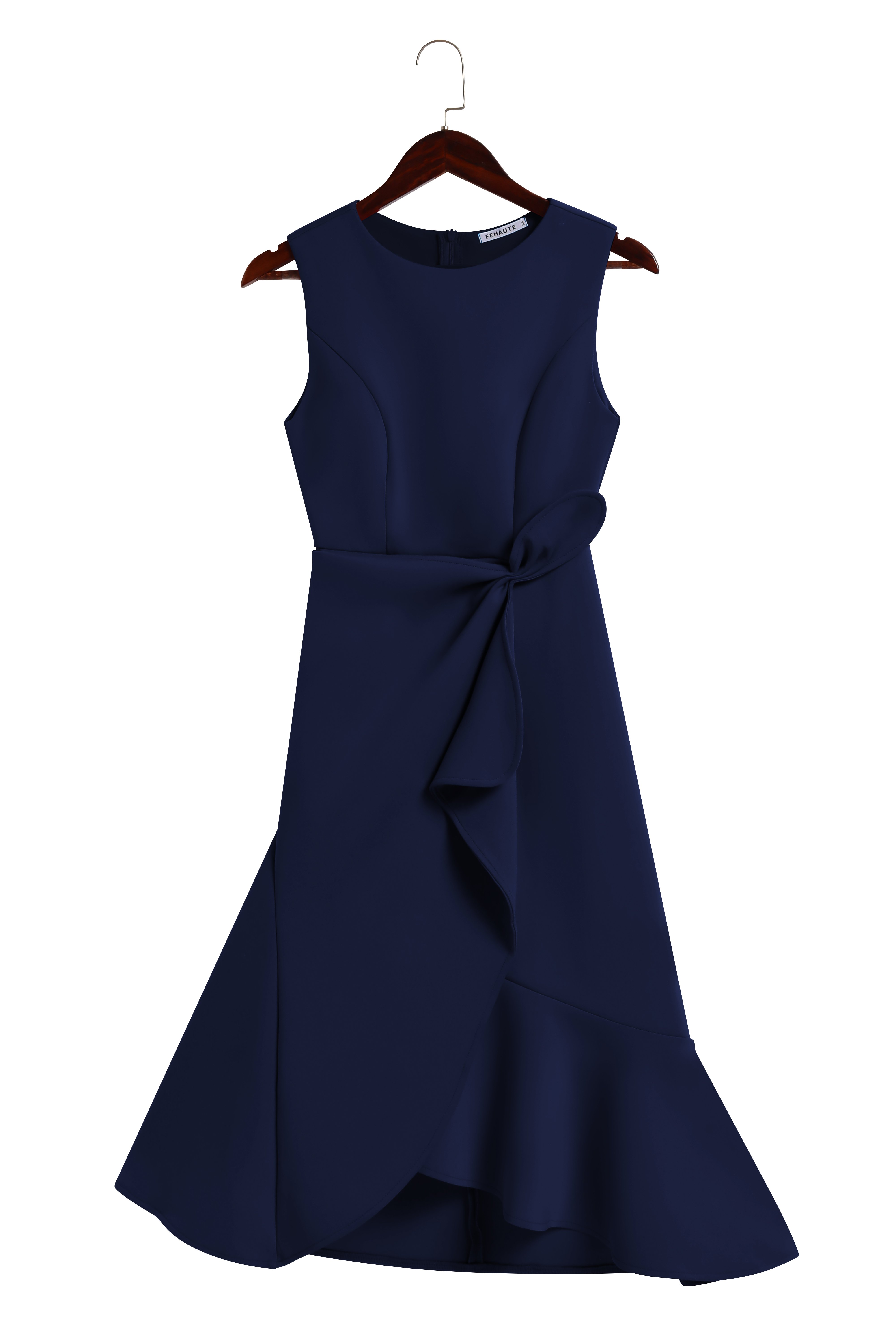 Purplish Blue Waist Twist Ruffled Sleeveless A-Line Midi Dress