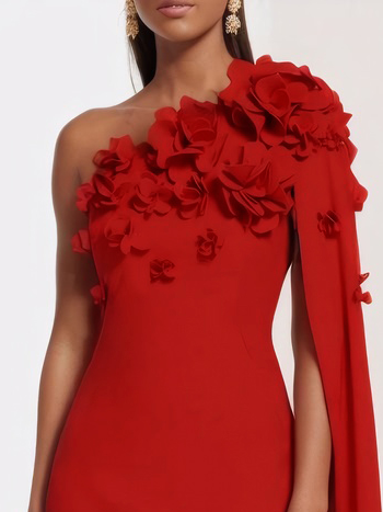 Pink 3D Floral One Shoulder Removable Sleeve Sheath Midi Dress
