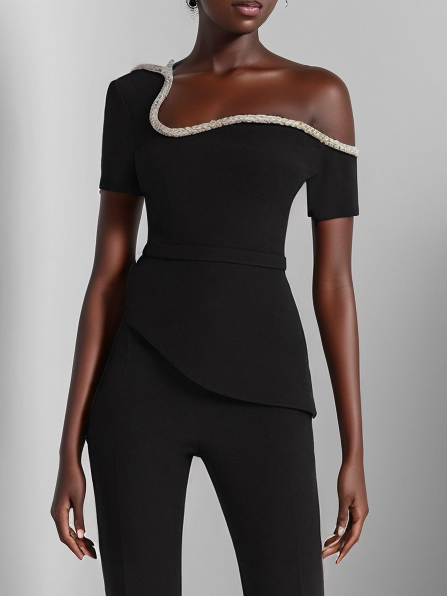 Women Black Asymmetrical Rheinstone Wide-Leg Jumpsuit