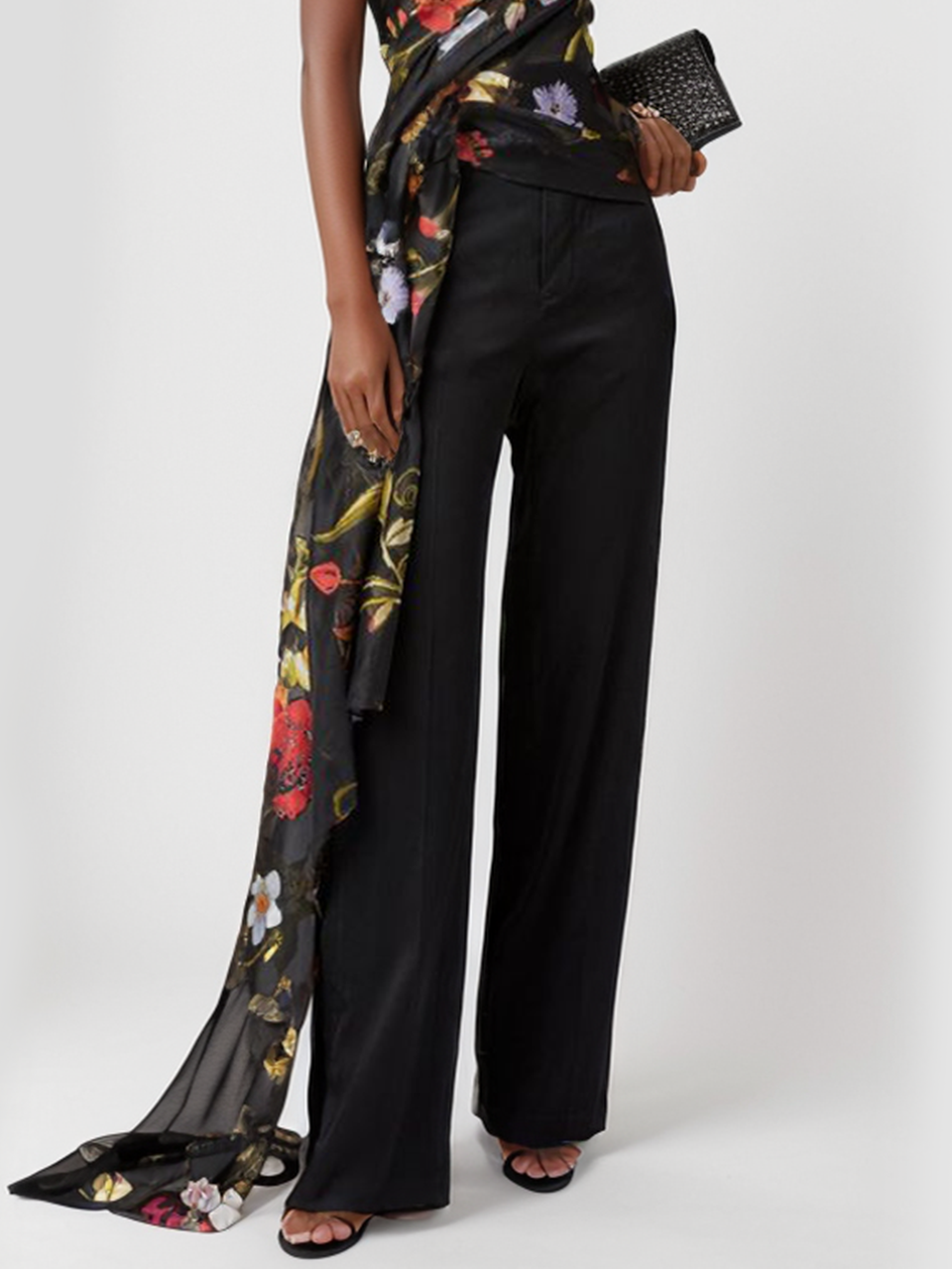 Women Black Floral One-Shoulder Chiffon Two-Piece Set
