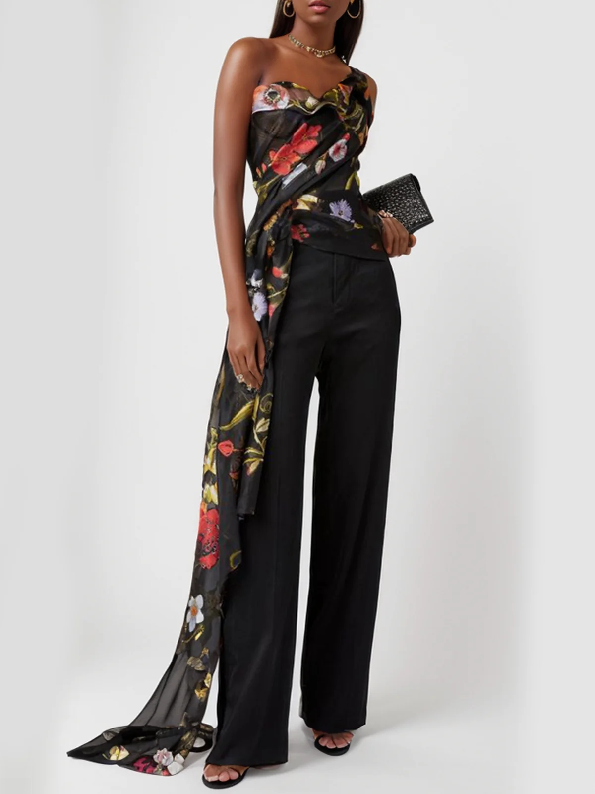 Women Black Floral One-Shoulder Chiffon Two-Piece Set
