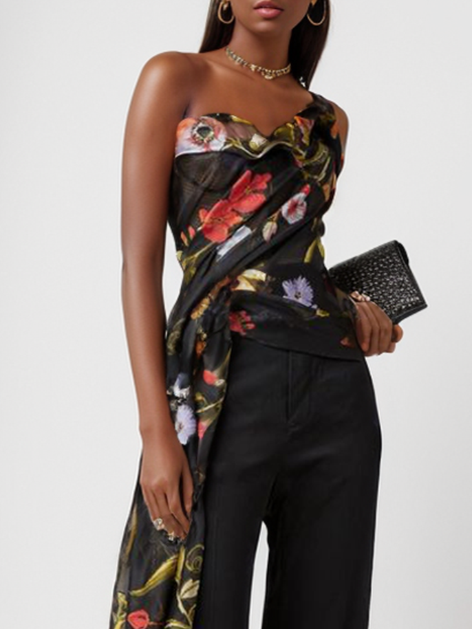 Women Black Floral One-Shoulder Chiffon Two-Piece Set