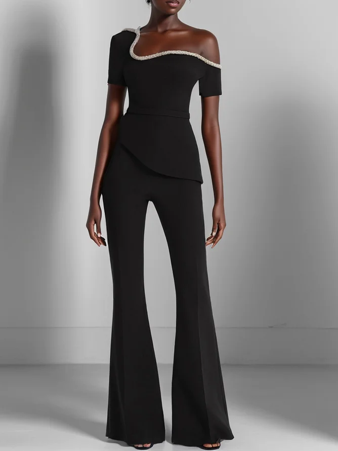 Women Black Asymmetrical Rheinstone Wide-Leg Jumpsuit