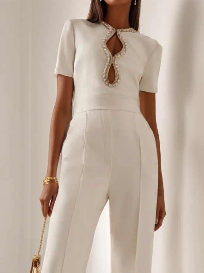Women White Cut Out Short Sleeve Rheinstone Wide-Leg Jumpsuit 