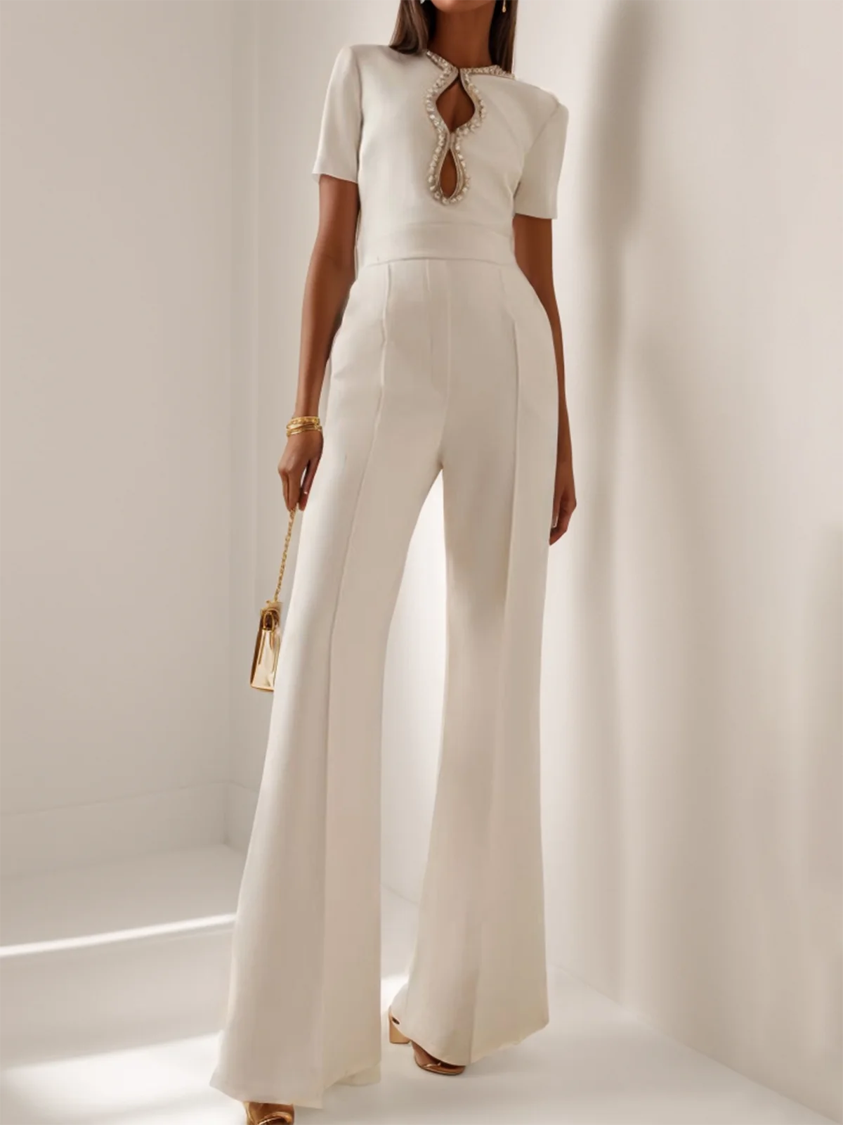 Women White Cut Out Short Sleeve Rheinstone Wide-Leg Jumpsuit 