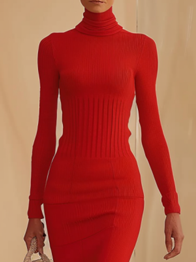 Red High Neck Long Sleeve A-Line Maxi Wool Sweater Dress