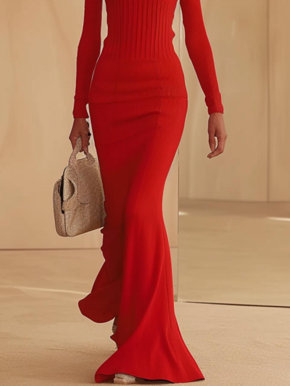 Red High Neck Long Sleeve A-Line Maxi Wool Sweater Dress