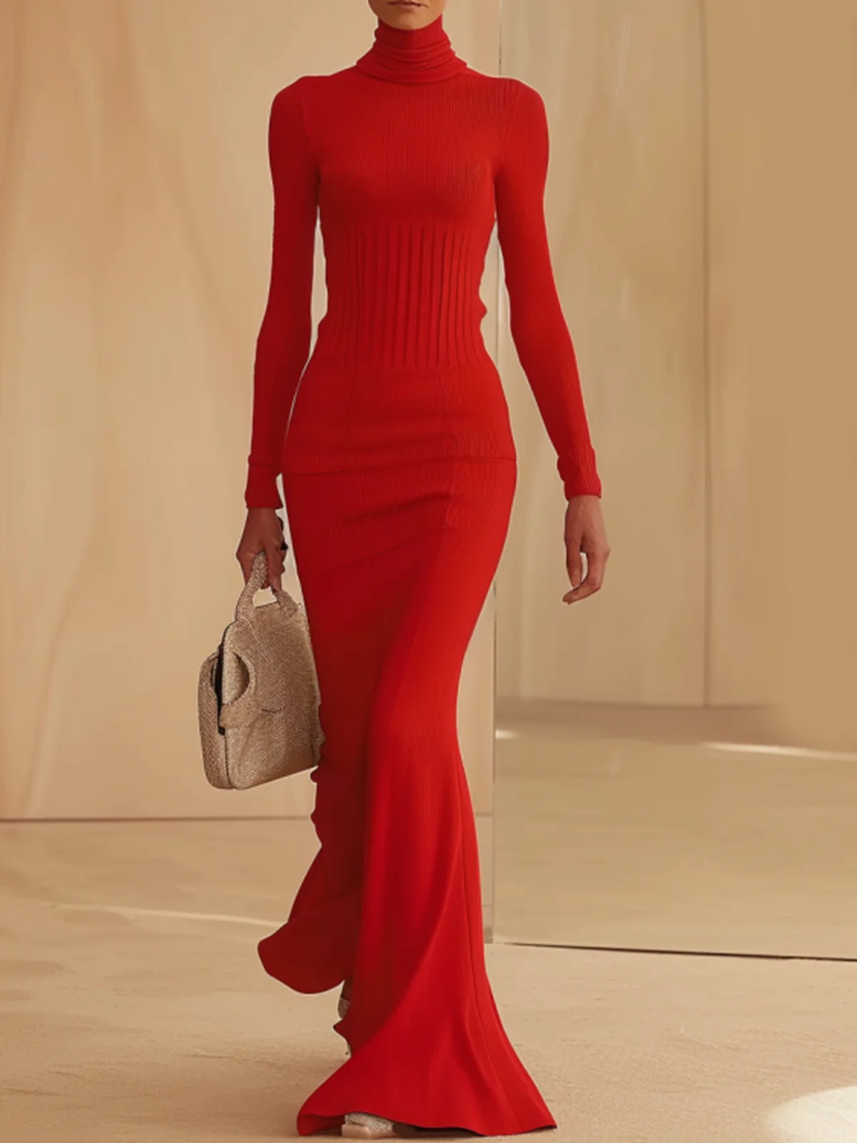 Red High Neck Long Sleeve A-Line Maxi Wool Sweater Dress