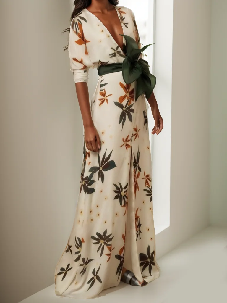 White Floral V Neck Long Sleeve A-Line Maxi Dress
