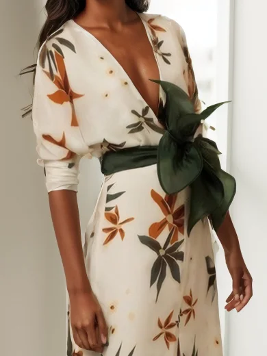 White Floral V Neck Long Sleeve A-Line Maxi Dress