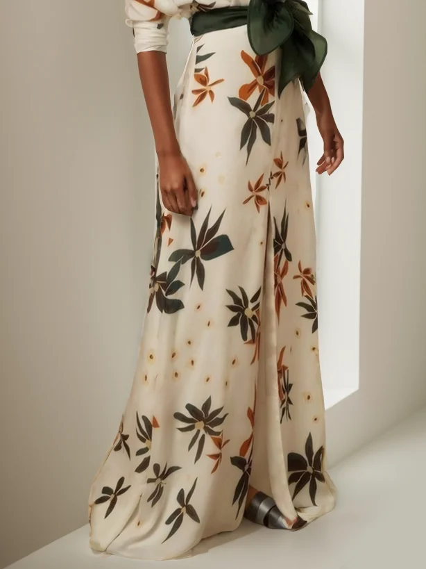 White Floral V Neck Long Sleeve A-Line Maxi Dress