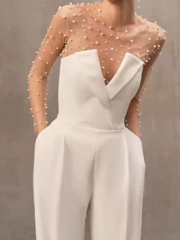 Women White Mesh Imitation Pearls Strapless Wide-Leg Jumpsuit