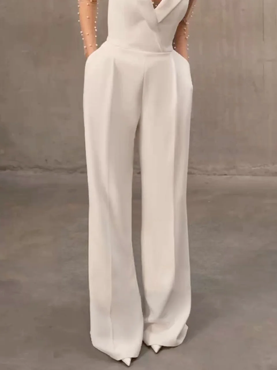 Women White Mesh Imitation Pearls Strapless Wide-Leg Jumpsuit