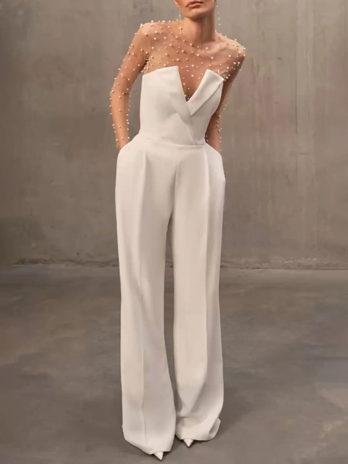 Women White Mesh Imitation Pearls Strapless Wide-Leg Jumpsuit