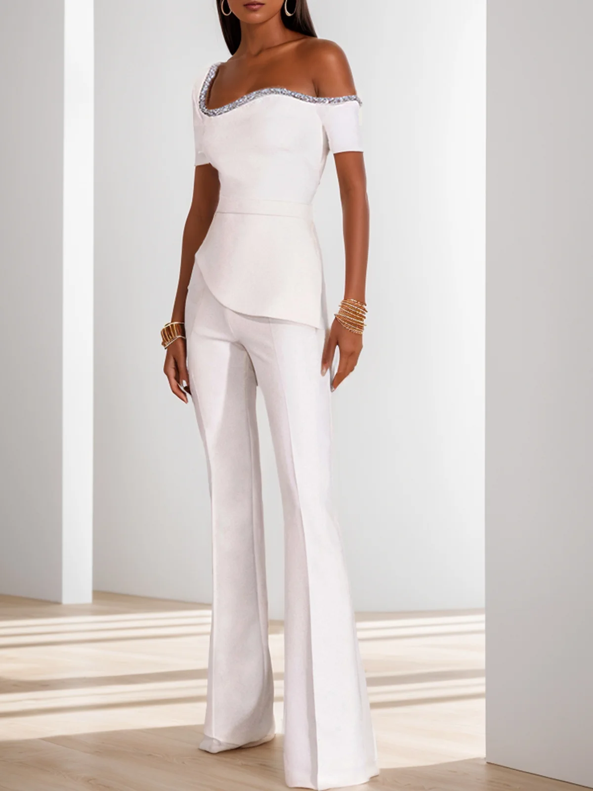 Women White Asymmetrical Rheinstone Wide-Leg Jumpsuit