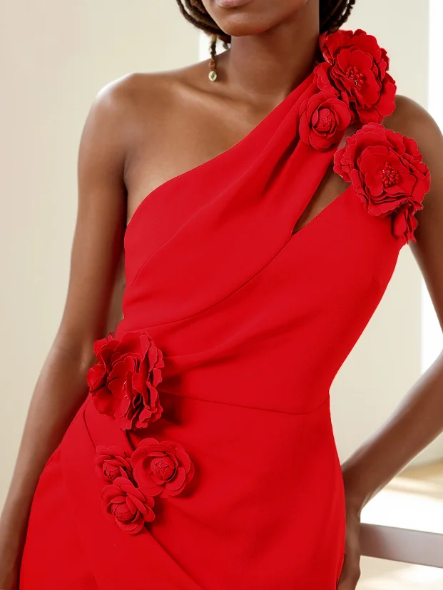 Red 3D Floral One-Shoulder Sheath Midi Dress