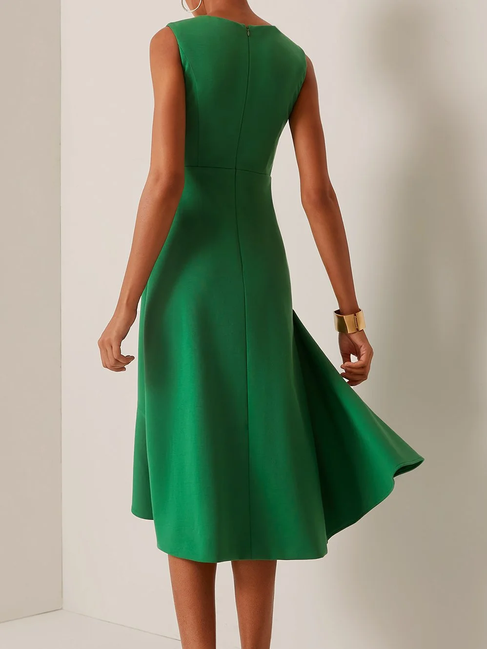 Green Commuting Sleeveless Boat Neck Plain A-line Midi Dress