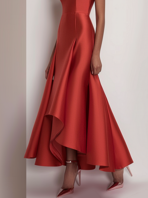Red V Neck Petal Sleeve A-Line Maxi Dress