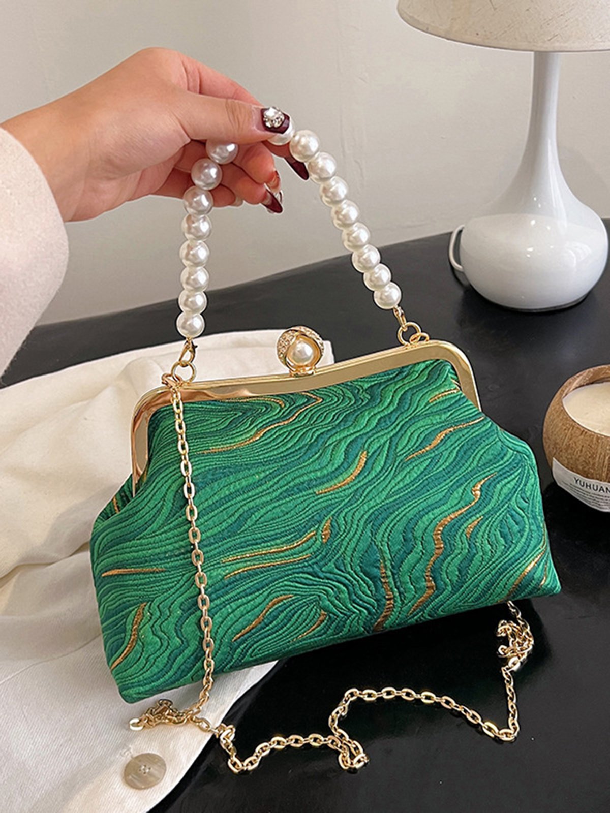 Elegant Imitation Pearl Beaded Handbag Clutch Bag with Detachable Crossbody Strap