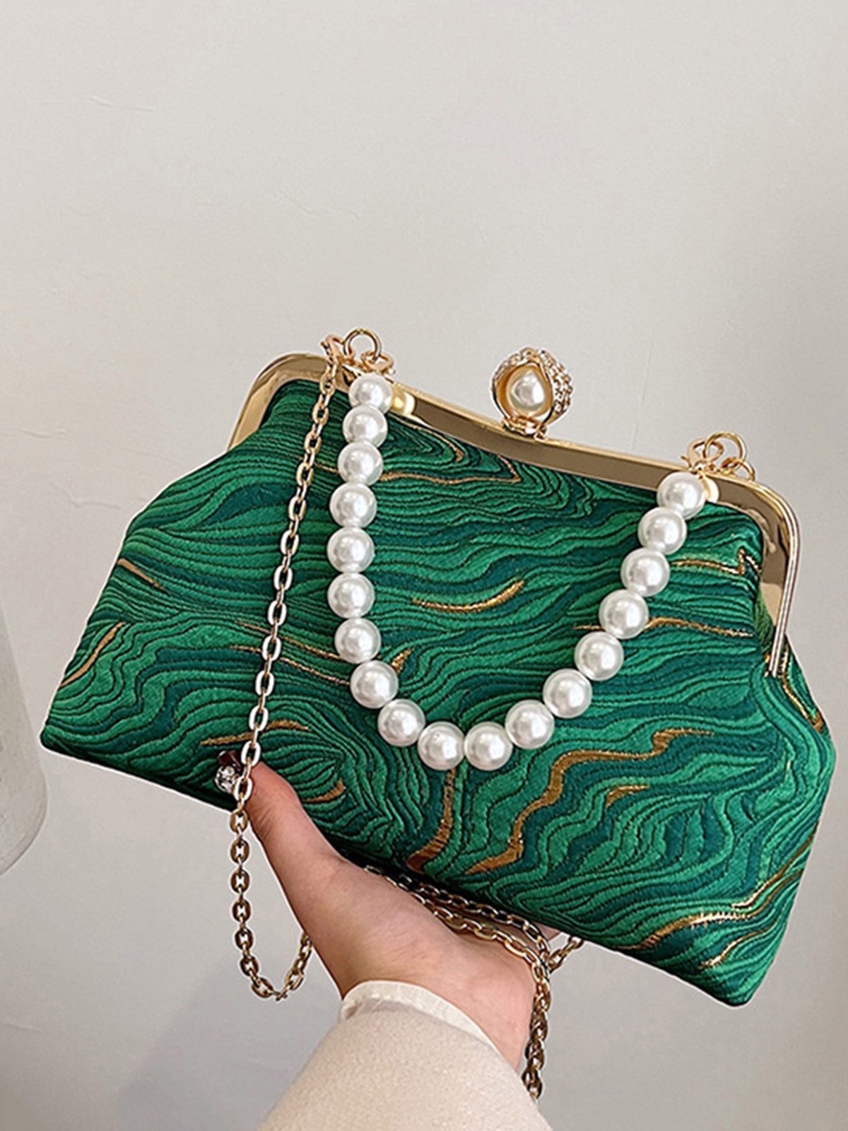 Elegant Imitation Pearl Beaded Handbag Clutch Bag with Detachable Crossbody Strap