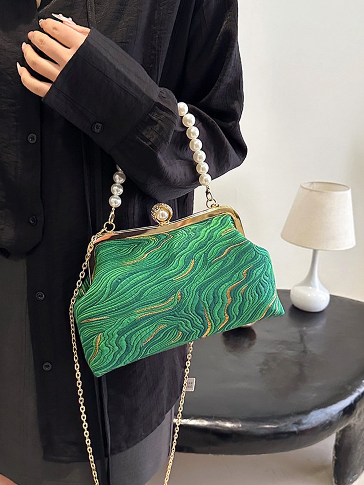 Elegant Imitation Pearl Beaded Handbag Clutch Bag with Detachable Crossbody Strap