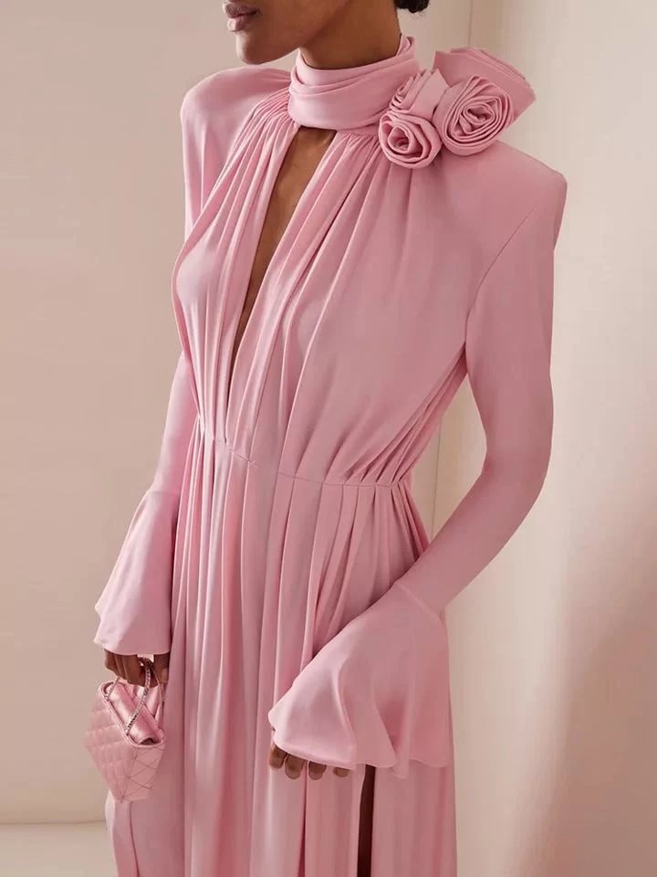 Pink 3D Floral Deep V Neck Long Bell Sleeve Slit A-Line Maxi Dress