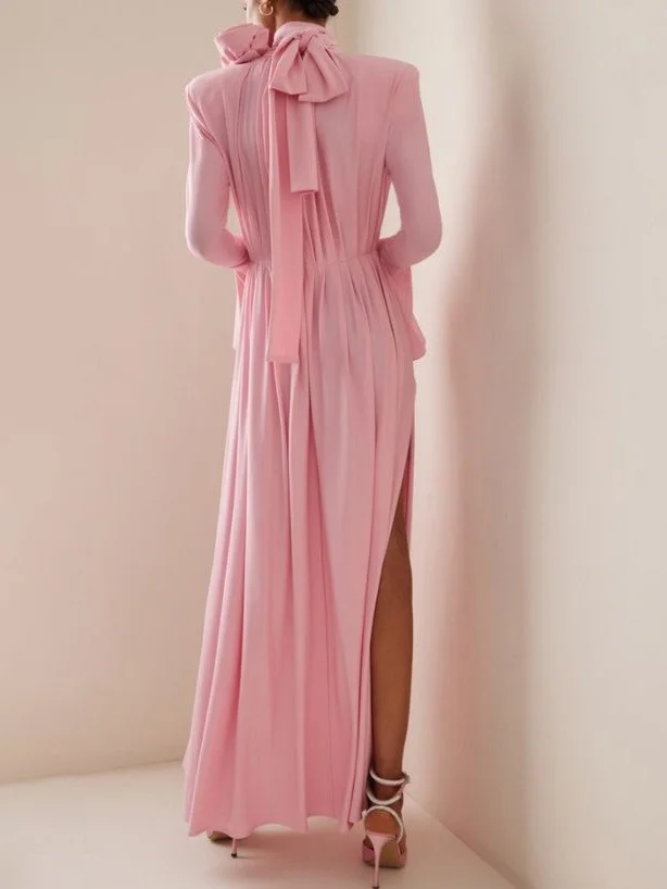 Pink 3D Floral Deep V Neck Long Bell Sleeve Slit A-Line Maxi Dress
