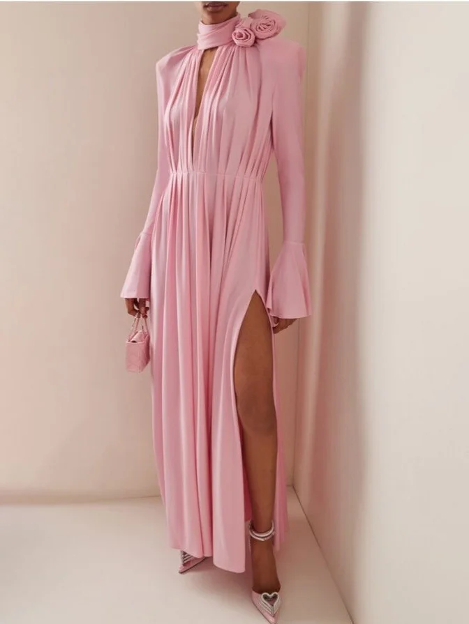 Pink 3D Floral Deep V Neck Long Bell Sleeve Slit A-Line Maxi Dress