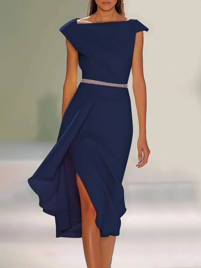 Pink Asymmetrical Neck Cap Sleeve Rhinestone A-Line Midi Dress 