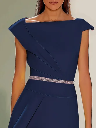 Pink Asymmetrical Neck Cap Sleeve Rhinestone A-Line Midi Dress 