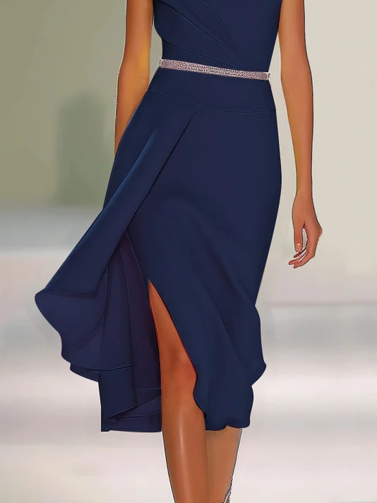 Pink Asymmetrical Neck Cap Sleeve Rhinestone A-Line Midi Dress 