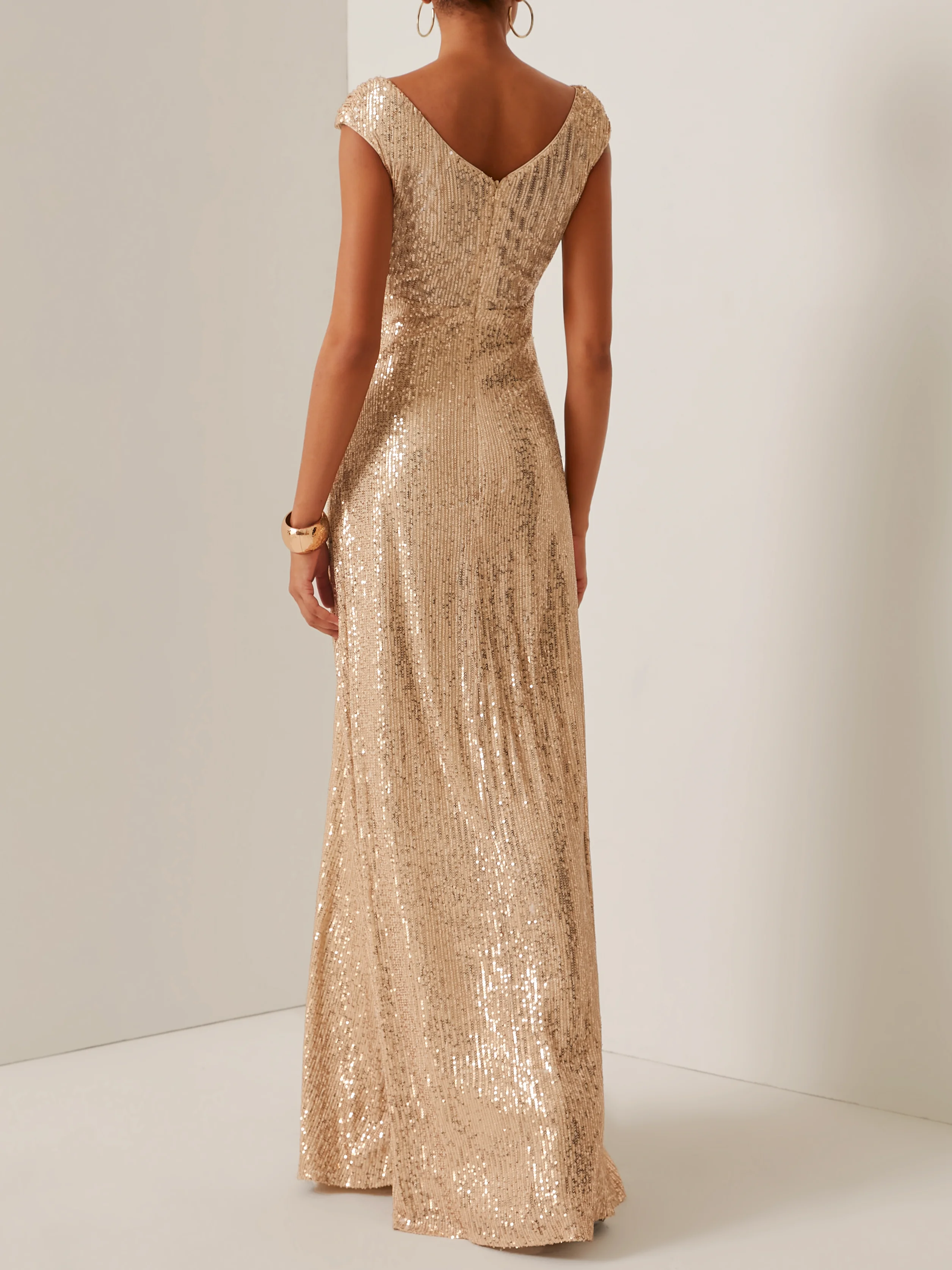 Golden Sequin Sleeveless Long A-line Gown