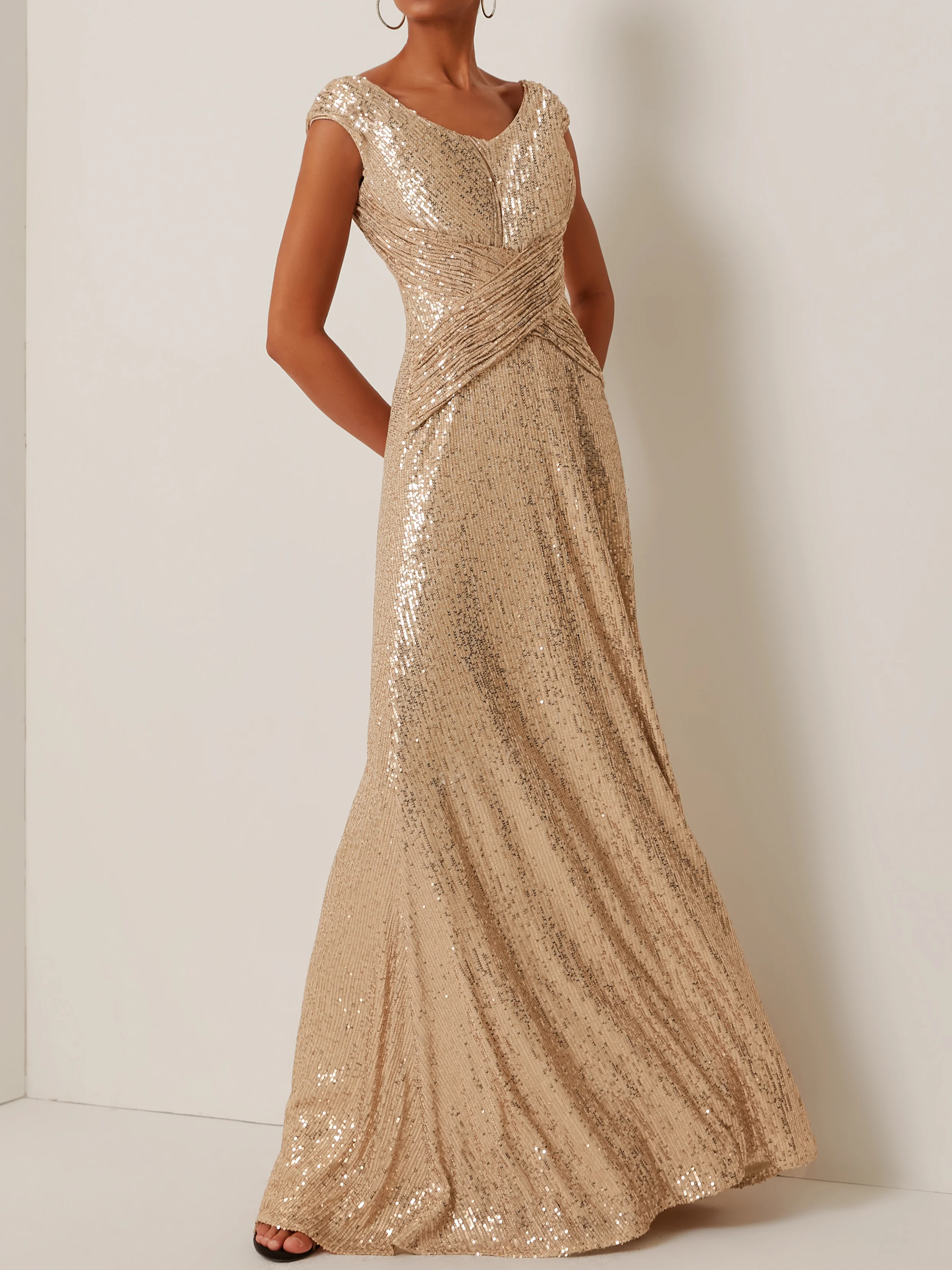 Golden Sequin Sleeveless Long A-line Gown