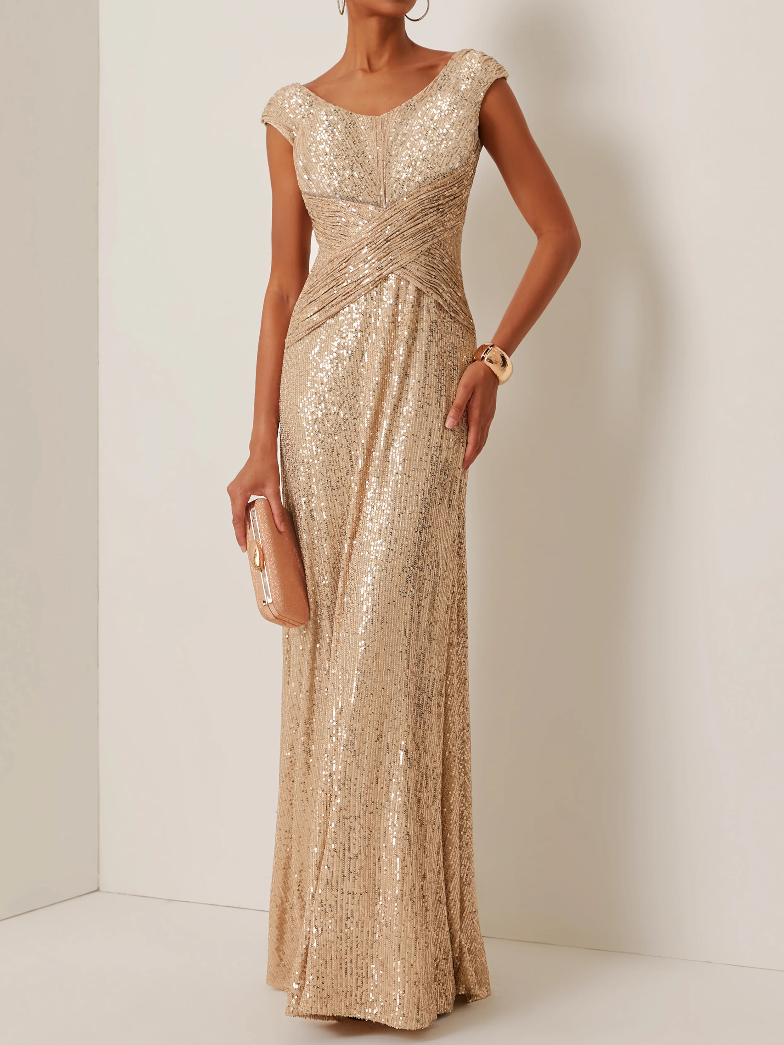 Golden Sequin Sleeveless Long A-line Gown