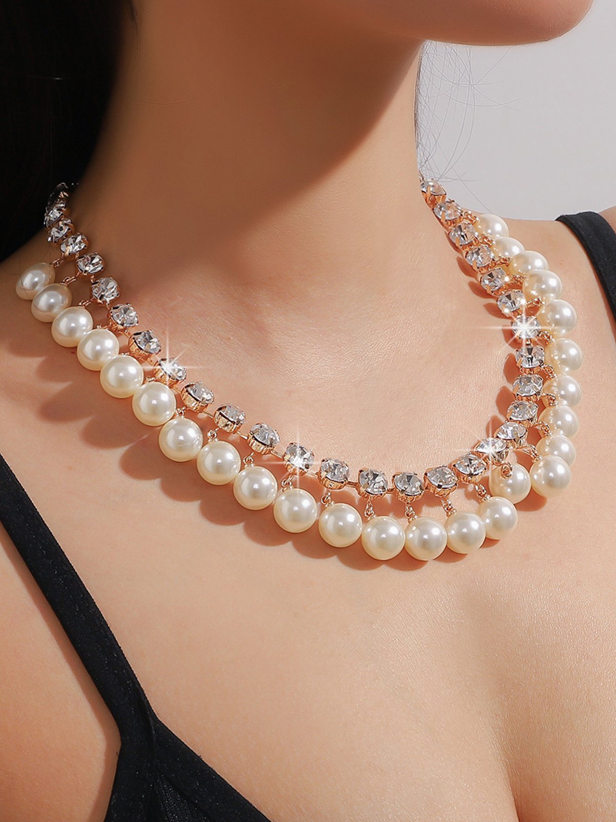 Elegant Imitation Pearl Rhinestone Double Layer Necklace