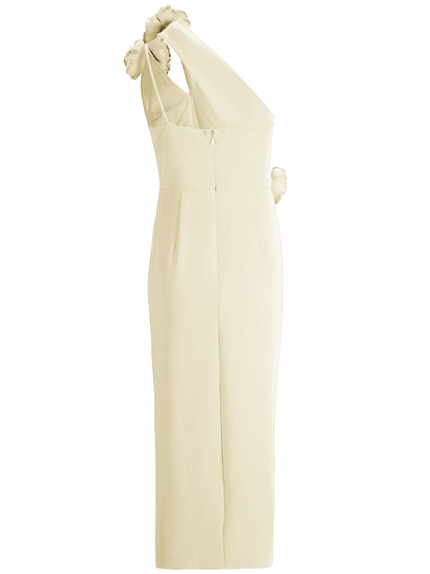 Cream White 3D Floral One-Shoulder Sheath Midi Dress