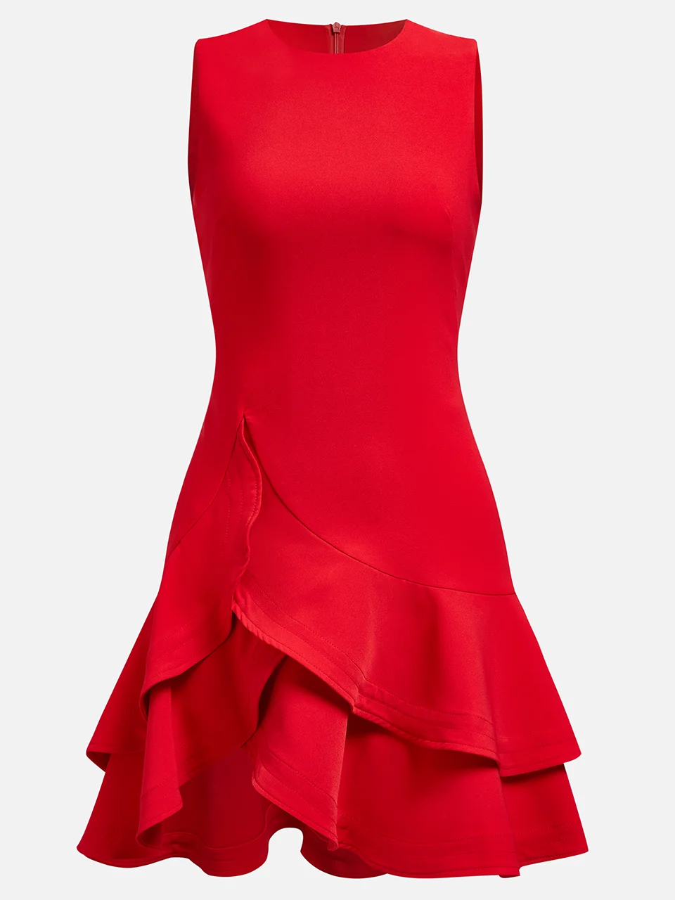 Red Ruffled Crew Neck Sleeveless A-line Mini Dress