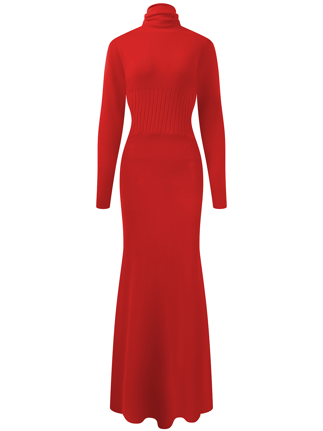 Red High Neck Long Sleeve A-Line Maxi Wool Sweater Dress