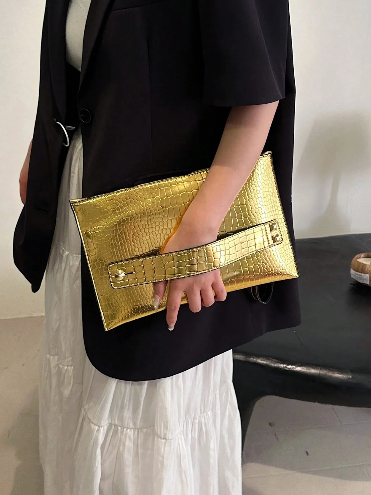 Minimalist Golden Embossed Square Clutch with Detachable Crossbody Strap