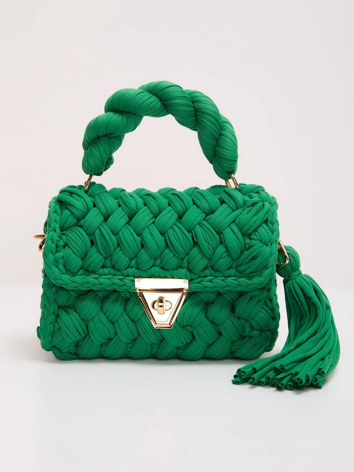 Handmade Braided Top Handle Bag with Removable Metal Chain Strap