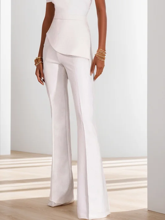 Women White Asymmetrical Rheinstone Wide-Leg Jumpsuit