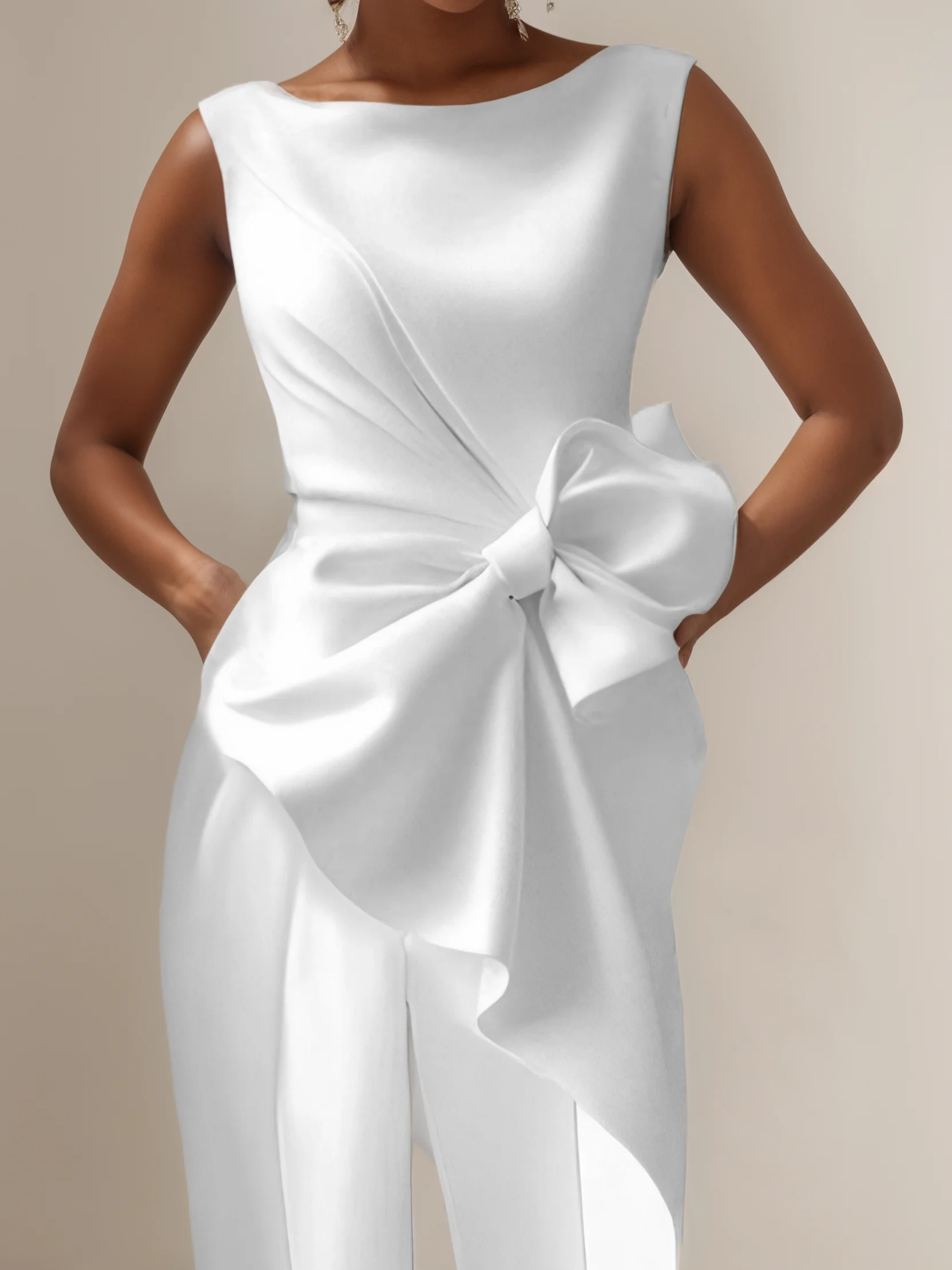 Women White Boat Neck Sleeveless Bow Wide-Leg Jumpsuit