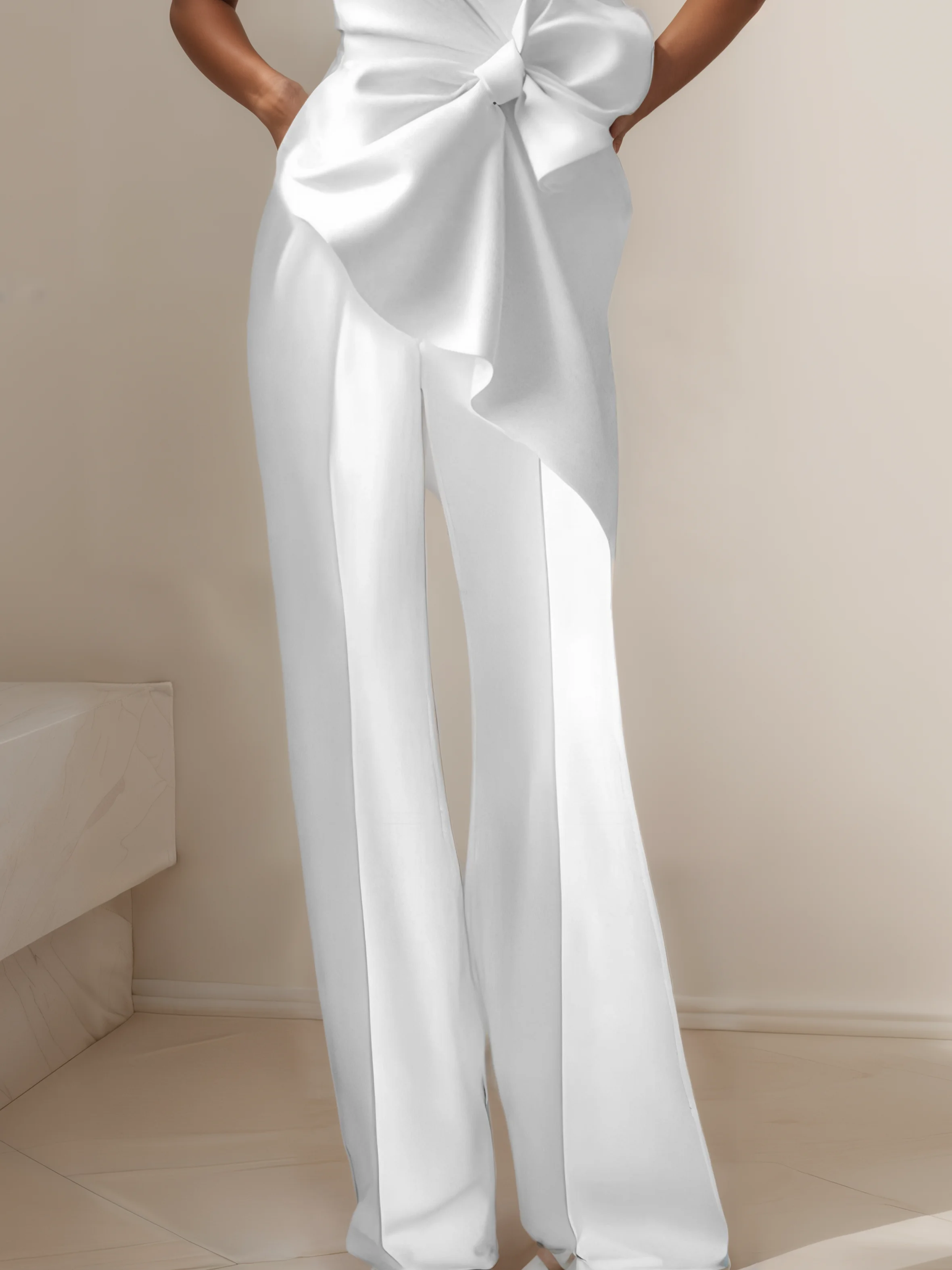 Women White Boat Neck Sleeveless Bow Wide-Leg Jumpsuit