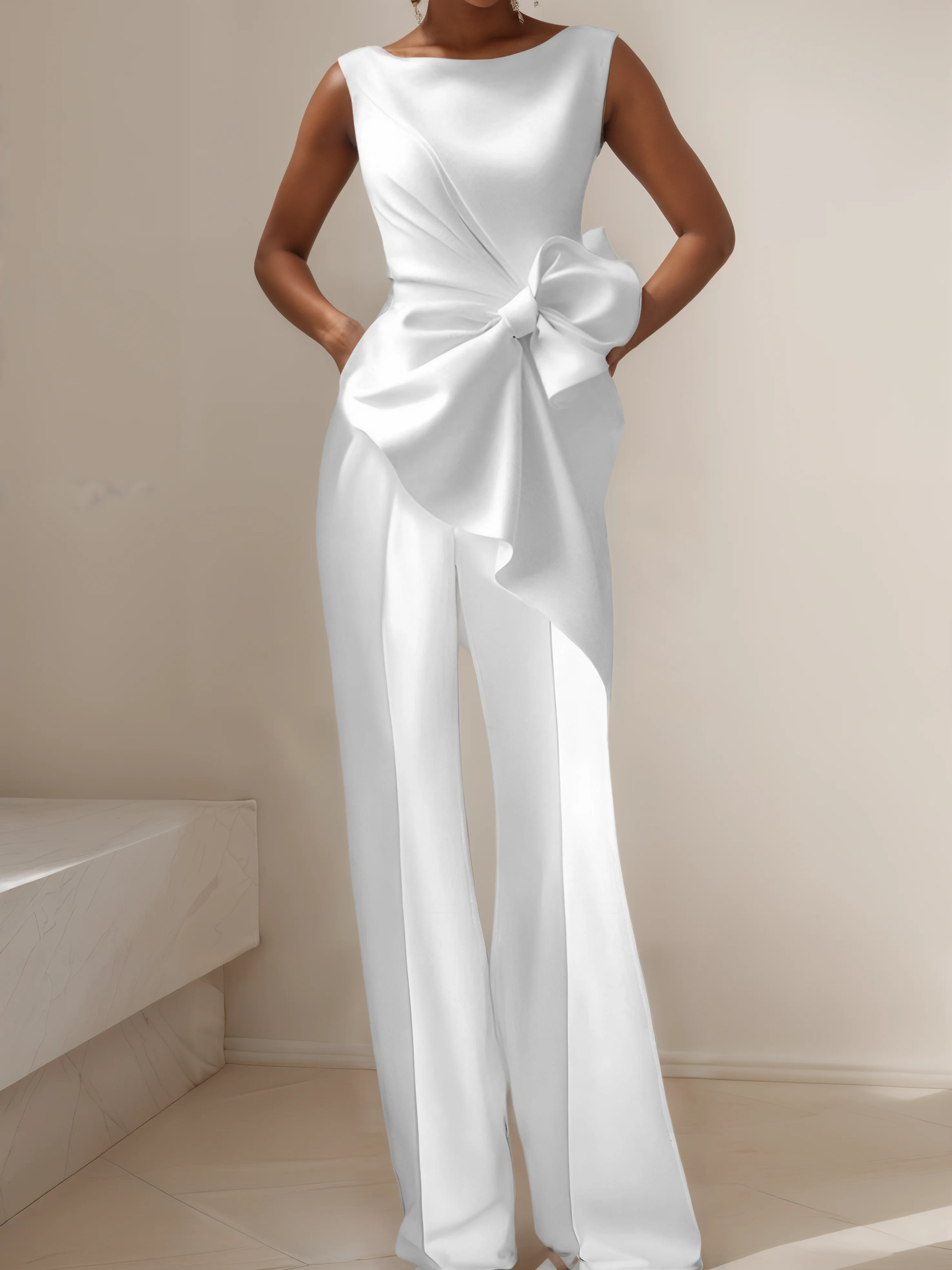 Women White Boat Neck Sleeveless Bow Wide-Leg Jumpsuit